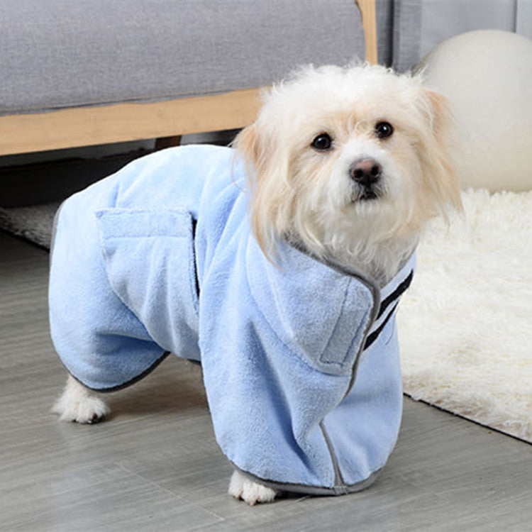 Small dog wearing a blue robe indoors on a wooden floor.