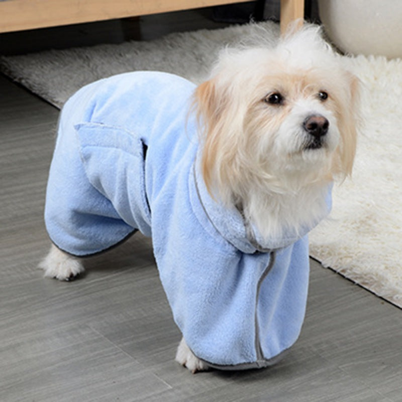 Dog wearing a blue robe on a wooden floor