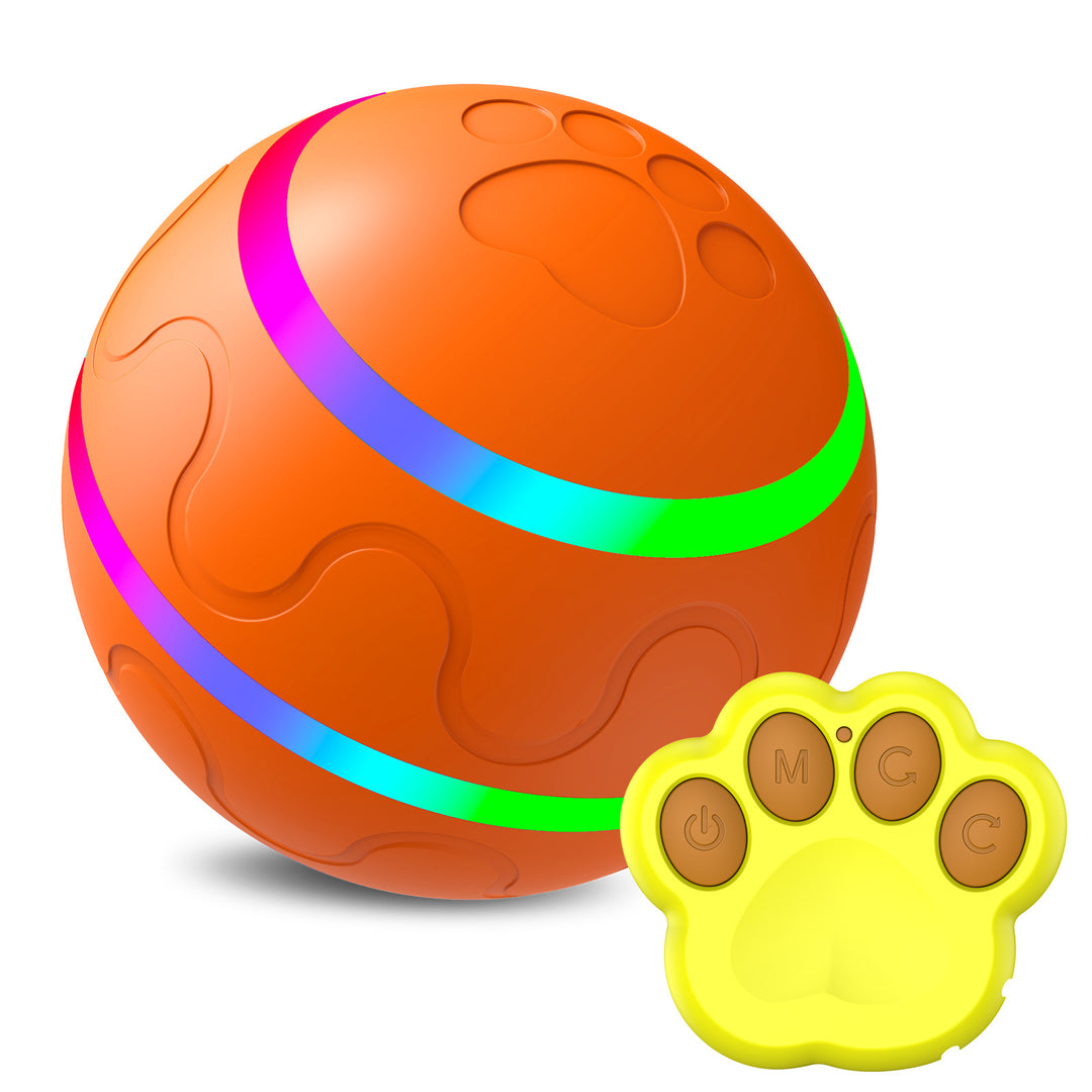 Orange ball with colorful band and yellow paw-shaped remote control on a white background