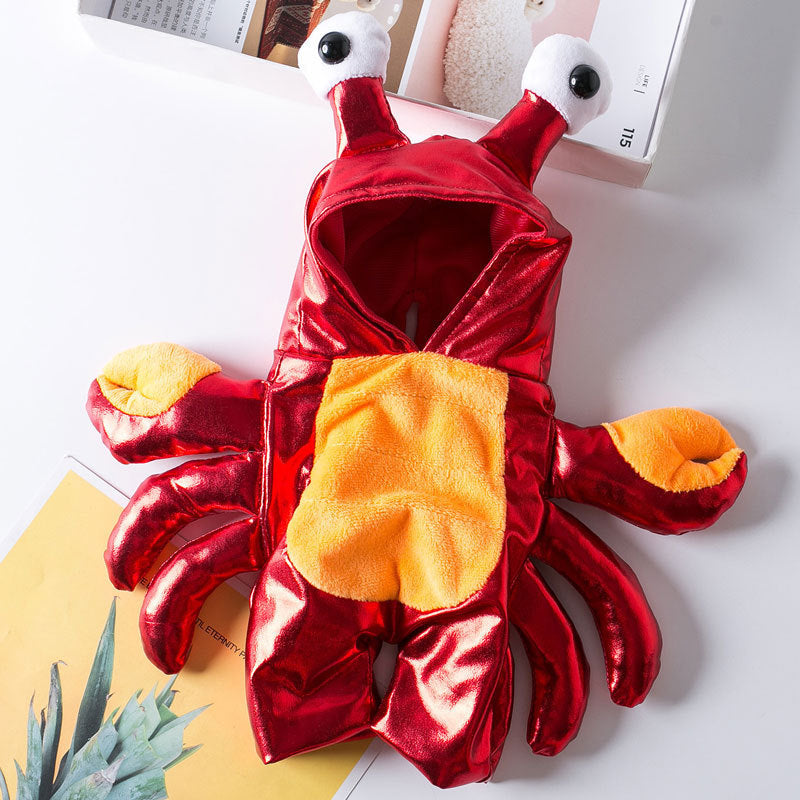 Red crab costume with yellow accents on a white surface
