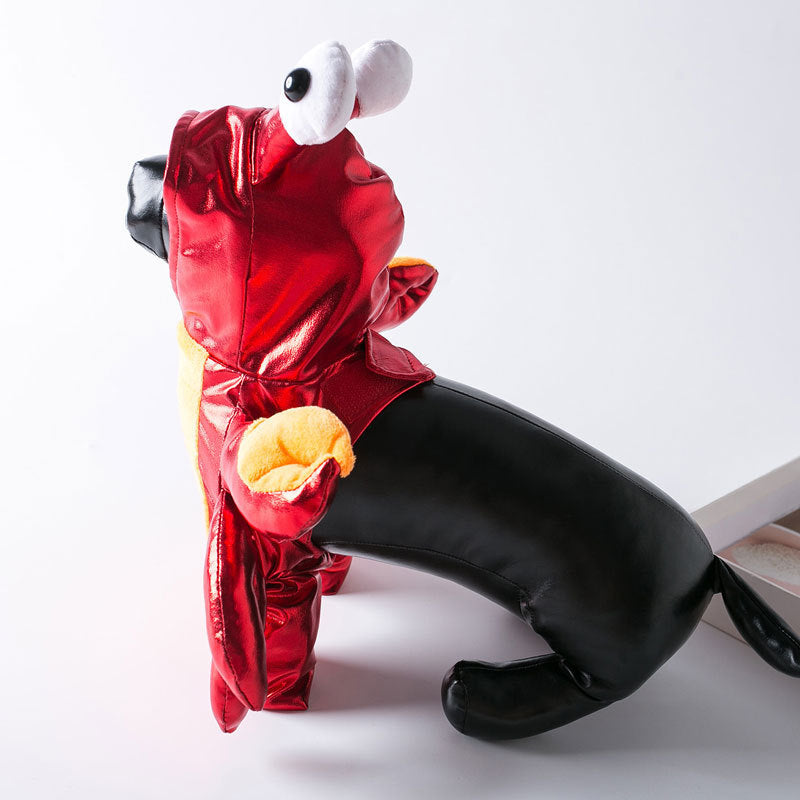 Toy figure of a black dog in a red crab outfit  on a white background