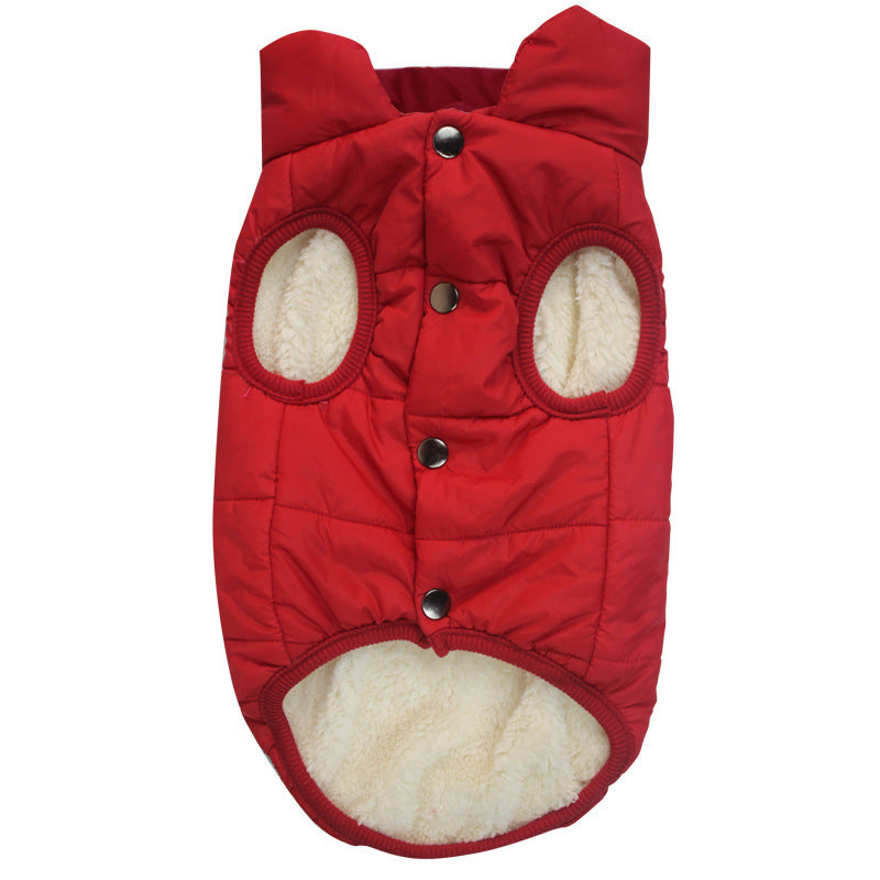 Red dog coat with white fur lining on a white background
