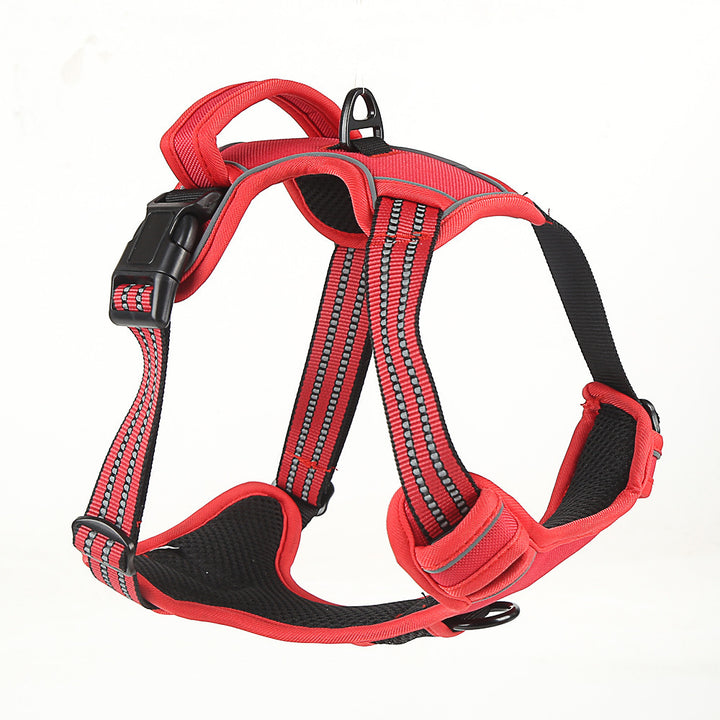 Red dog harness with reflective stripes on a white background