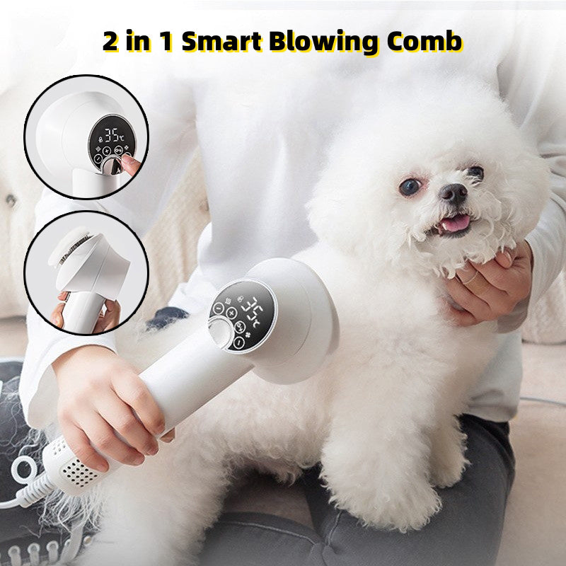 Person using a 2-in-1 smart blowing comb on a white dog, with close-ups of the device's features.