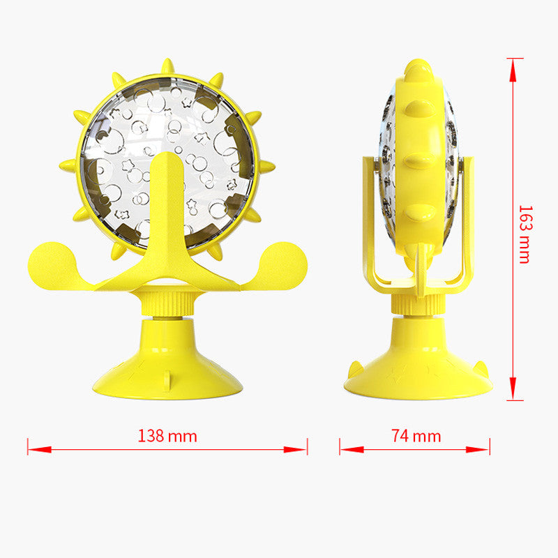 Yellow pet toy with suction cups and circular mesh design, shown from two angles with measurements.