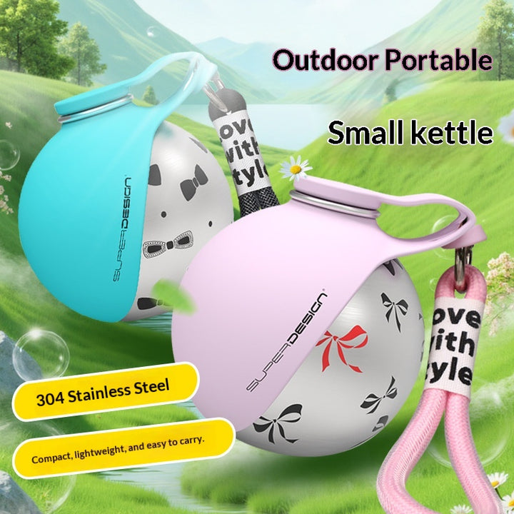 Two small portable kettles with decorative elements on a nature-themed background