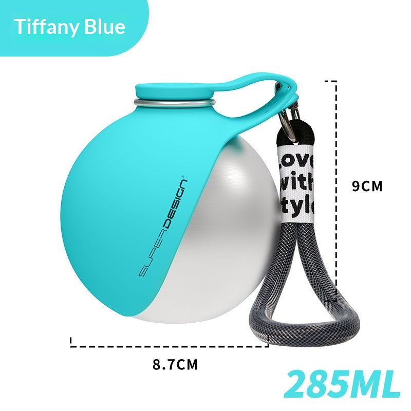 Tiffany blue and silver water bottle with measurement details on a white background