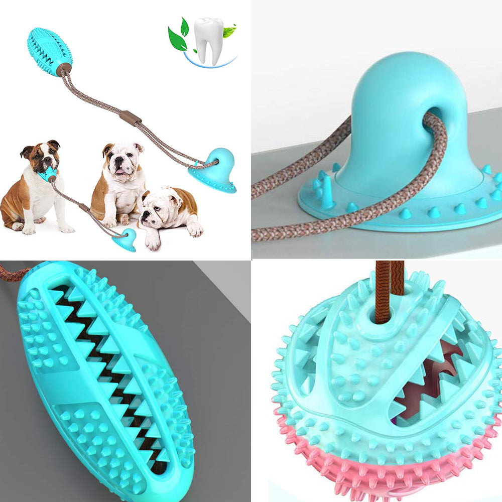 Collage of a dog toy with a rope and textured surface, featuring dogs playing with it.