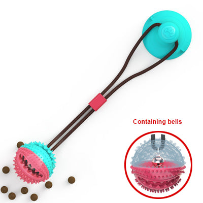 Suction Cup Tug Toy for Dogs featuring a close-up of the ball with text 'Containing bells'.