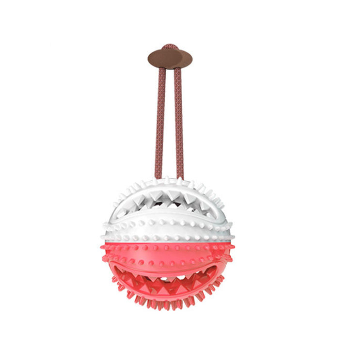 Pink and white textured ball with a brown handle on a white background