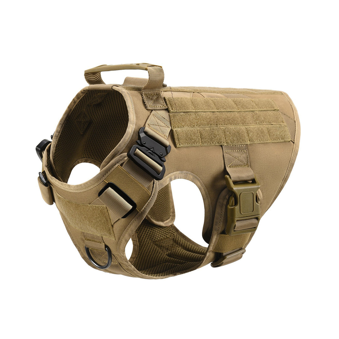 Tan tactical dog harness on a white background