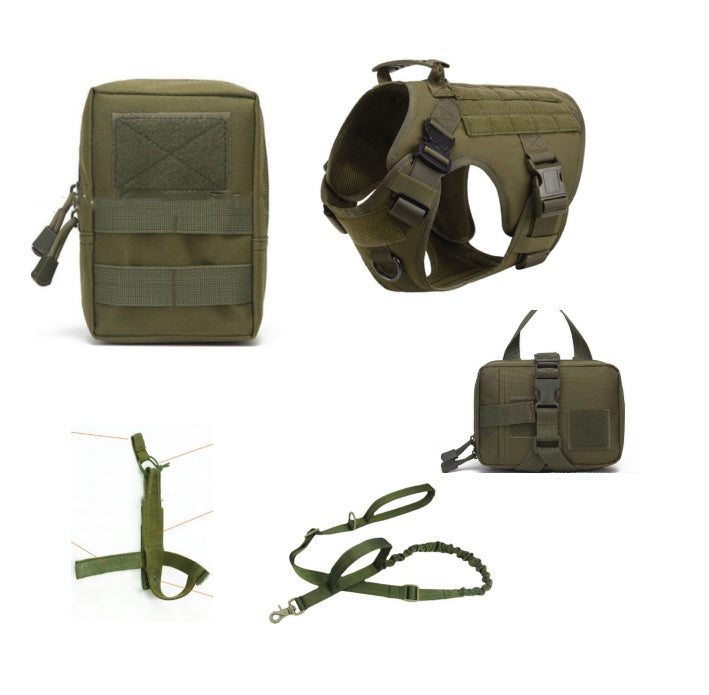 Collection of green tactical gear including a vest, pouches, and straps on a white background.