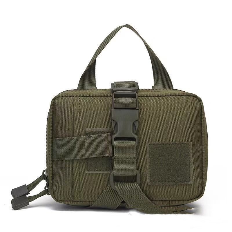 Green tactical pouch with multiple straps on a white background