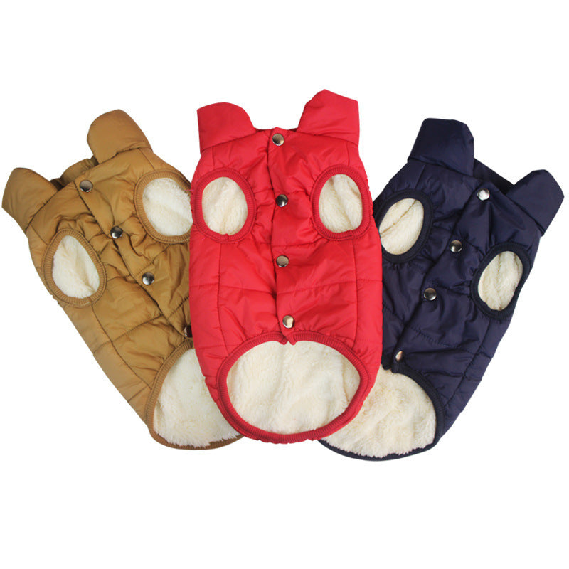 Three dog coats in brown, red, and navy with white fur lining on a white background