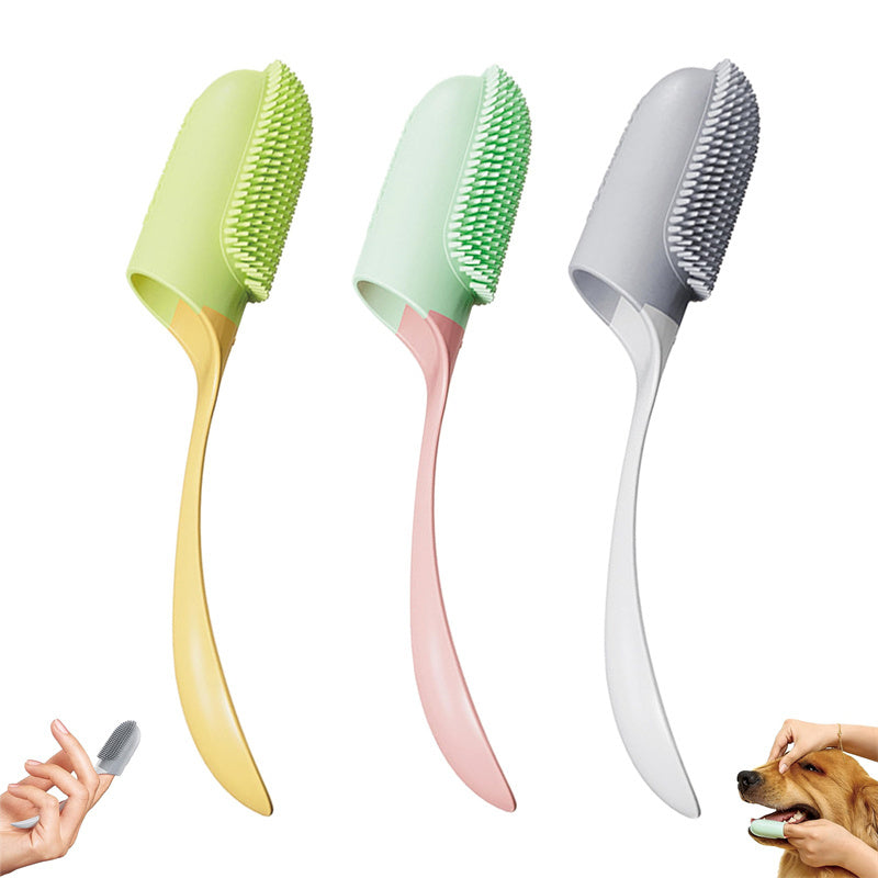 Three pet tooth brushes in different colors on a white background.