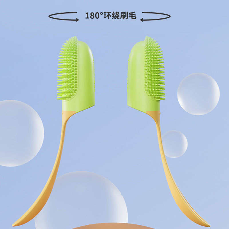 Two green and yellow pet tooth brushes with bristle heads on a blue background with bubbles.