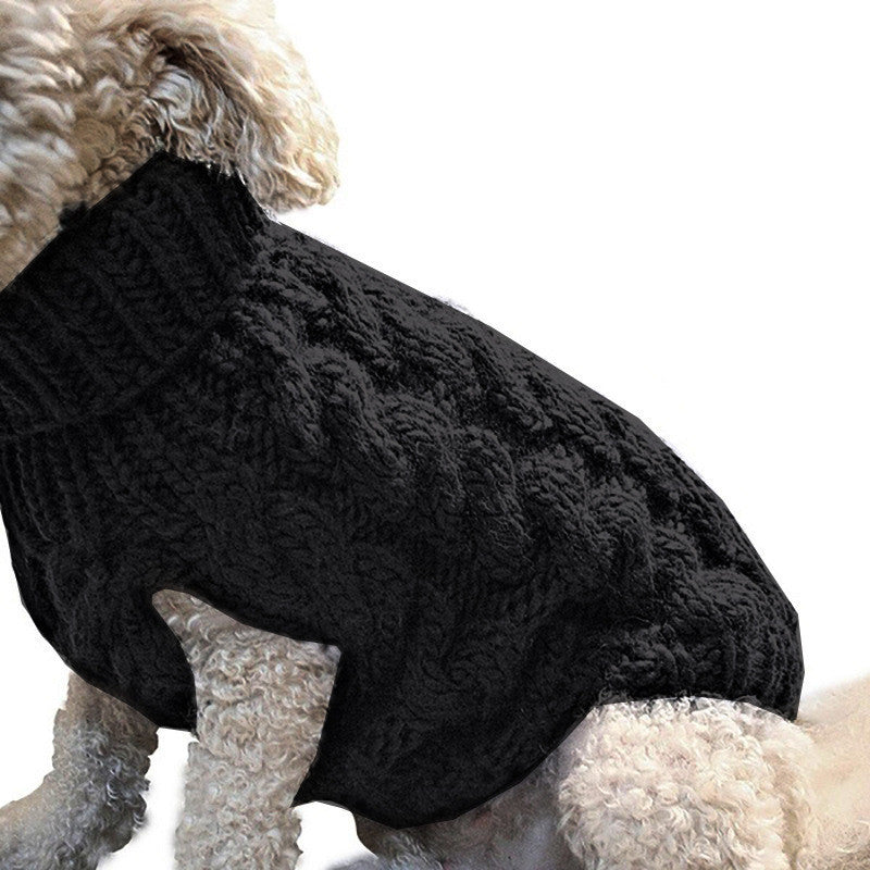 Dog wearing a black cable knit sweater on a white background