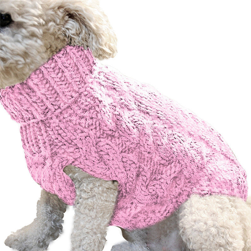 Dog wearing a pink knitted sweater on a white background