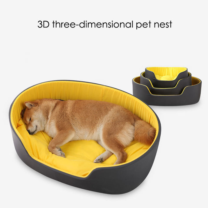 Dog lying on a yellow and black pet nest with additional nests in the background.