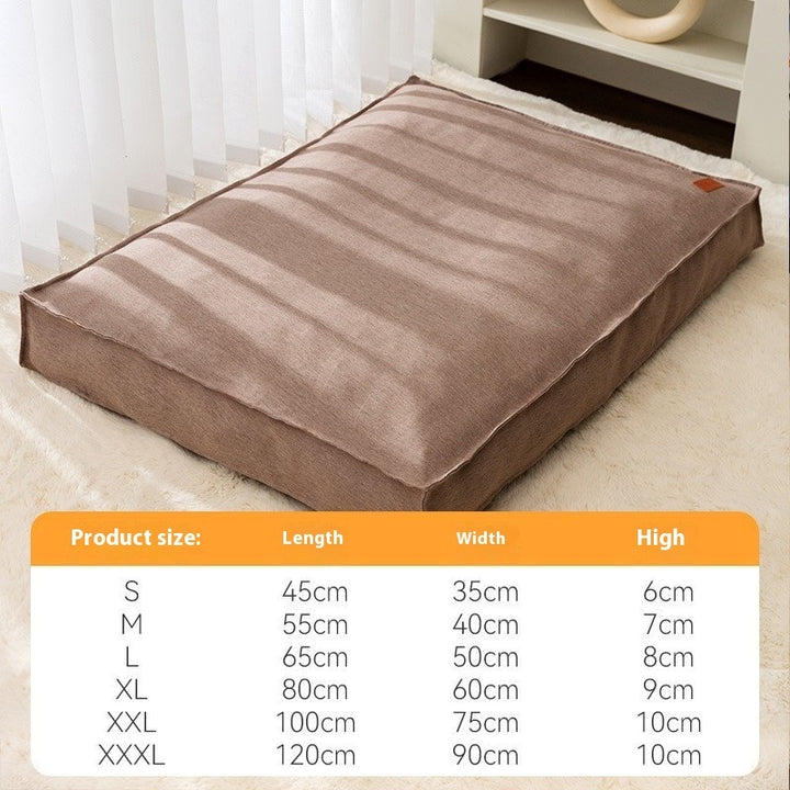 Brown pet bed on a light wooden floor with size chart overlay