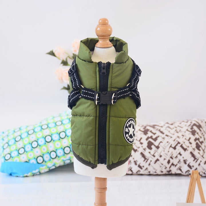 Green dog vest on a mannequin with a white background