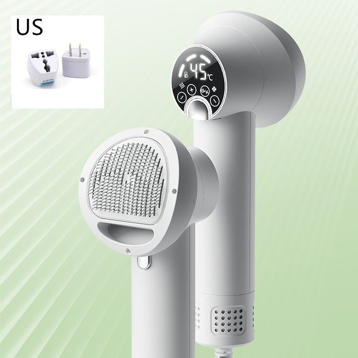White Smart Pet Hair Dryer & Grooming Comb with US Adapter ni green background