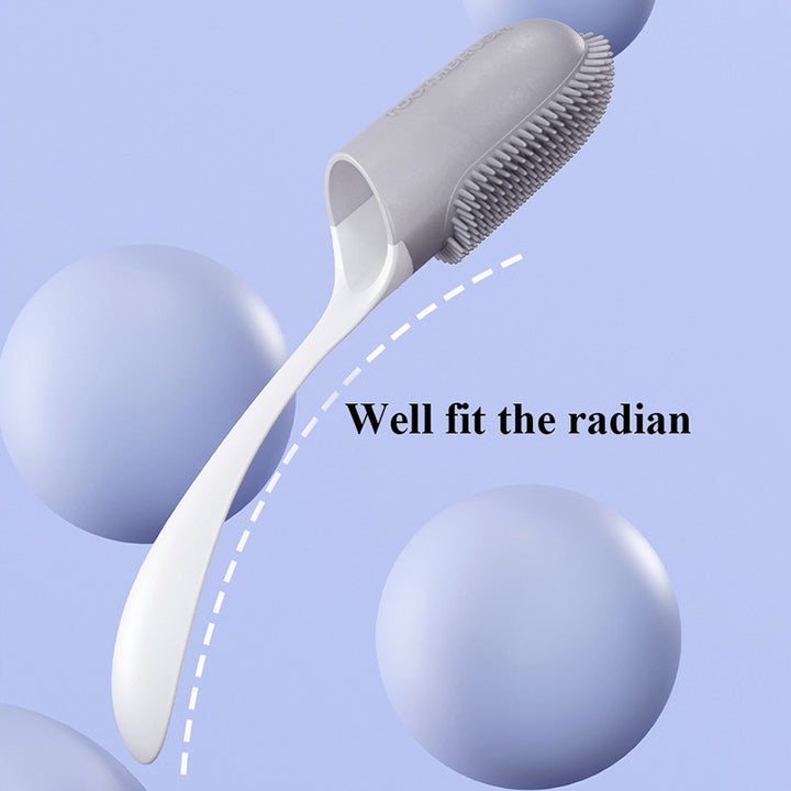White and gray pet tooth brush with text 'Well fit the radian' on a light blue background