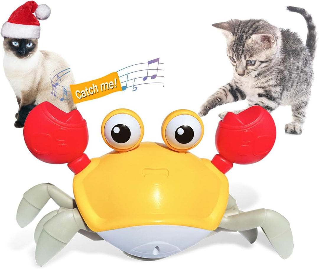 Toy crab with red eyes and red pincers, featuring a cat and kitten interacting with it.