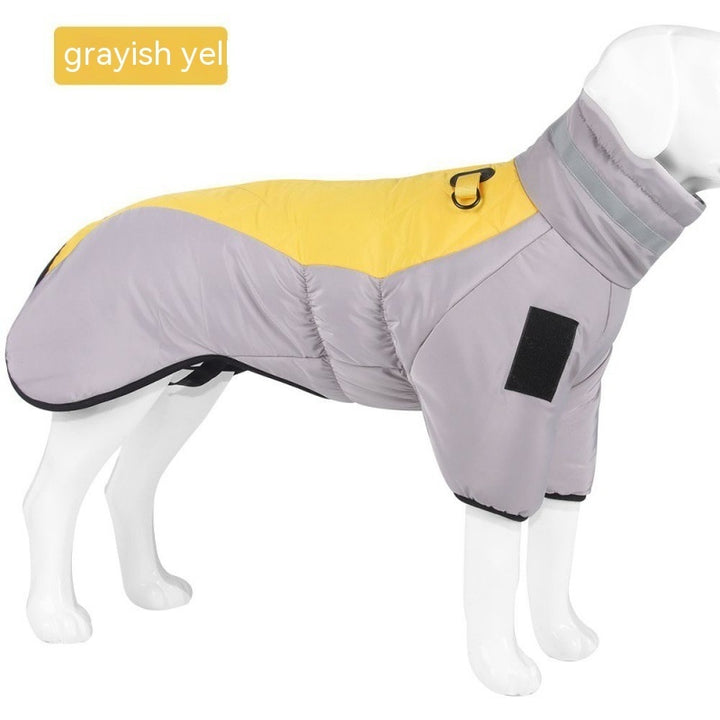 Grayish yellow dog coat on a mannequin against a white background