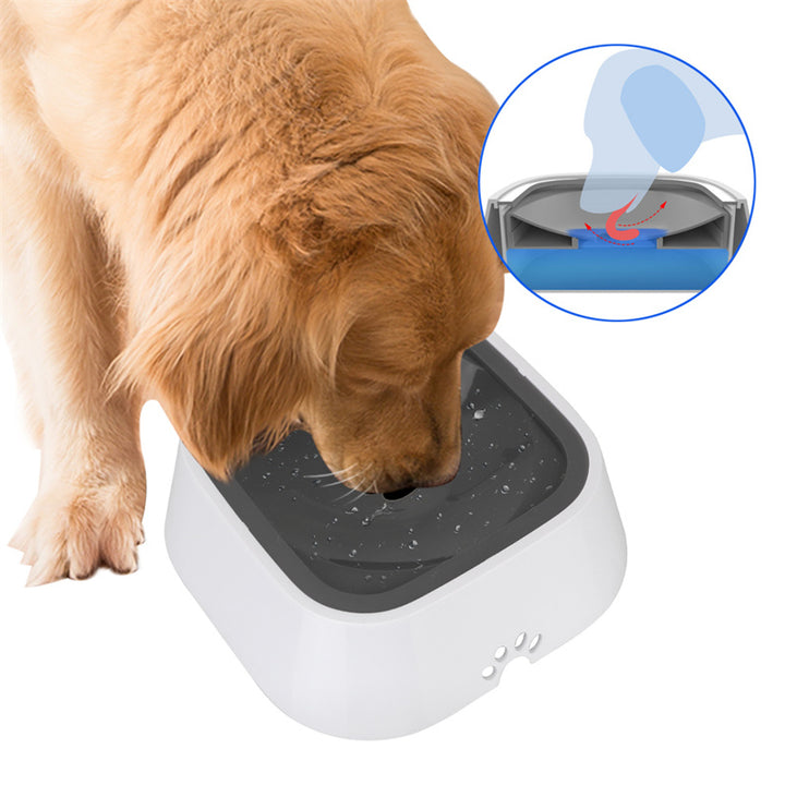 Dog drinking water from a white and gray pet fountain with a close-up inset showing water flow.