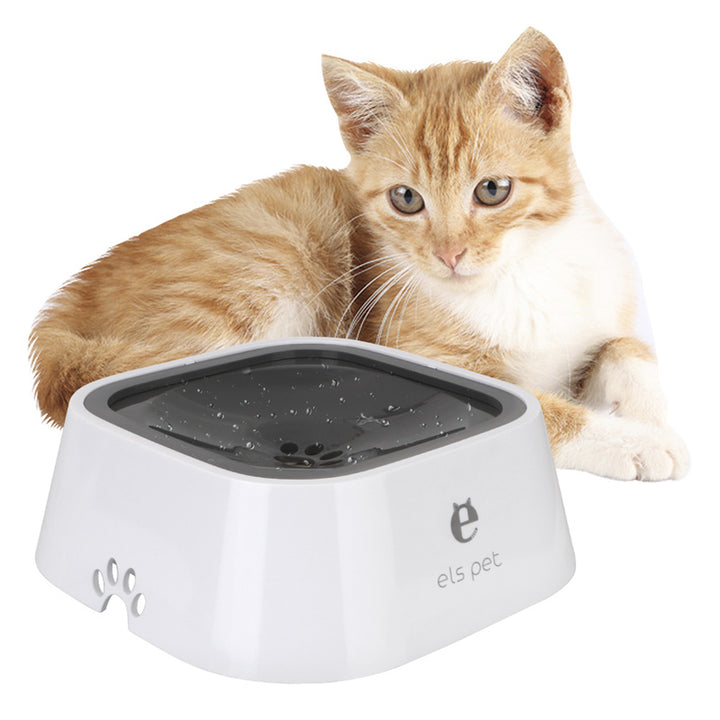 Cat lying next to a white pet water fountain with 'els pet' branding on a white background