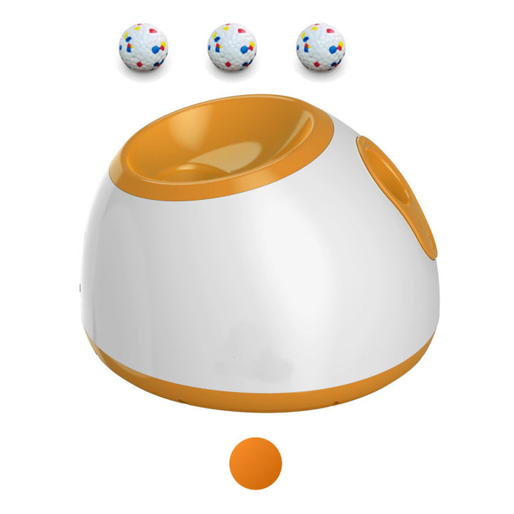 An image showing an automatic ball throwing machine in orange-white color combination