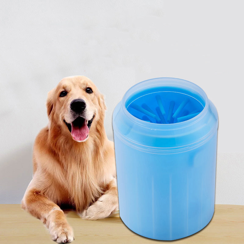 Image of a dog and a blue Dog Paw Washer