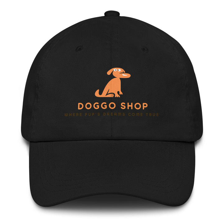 Black cap with doggo shop logo print on a white background