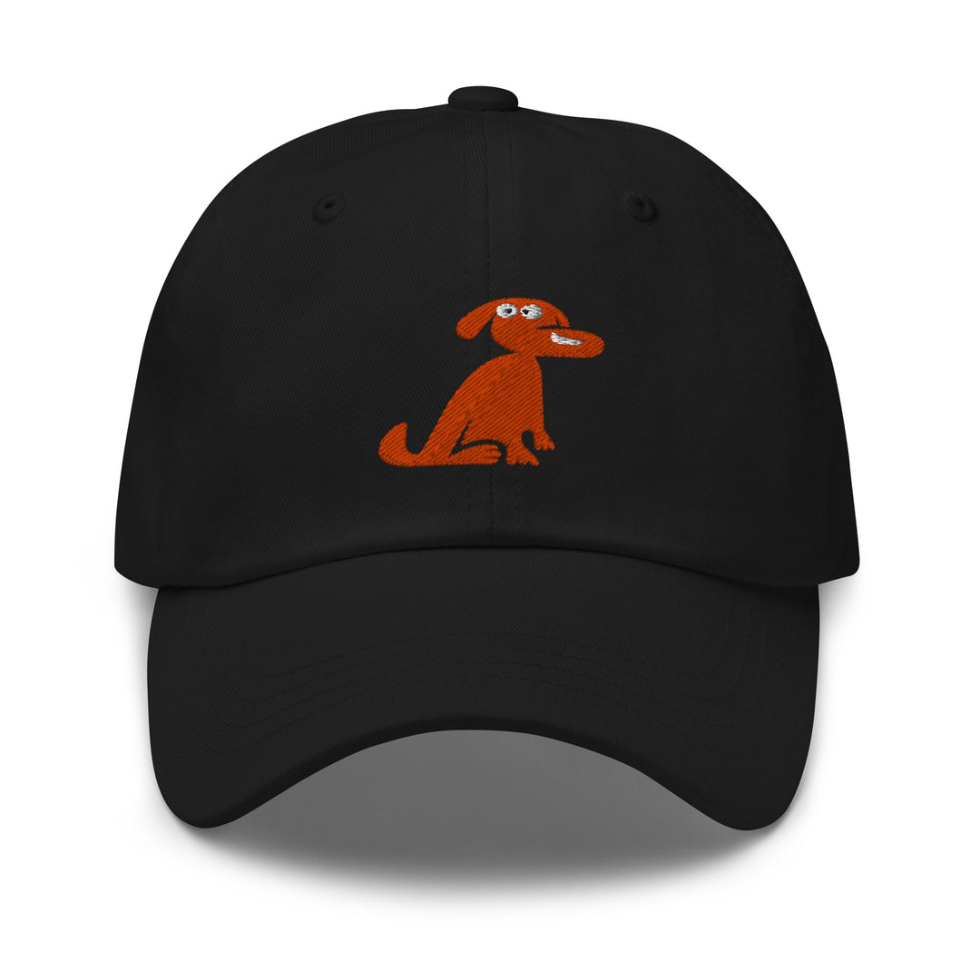 Black cap with an orange dog illustration on a white background