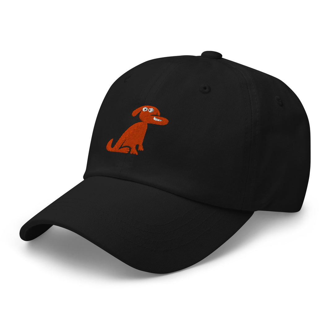 Black cap with an orange dog illustration on a white background