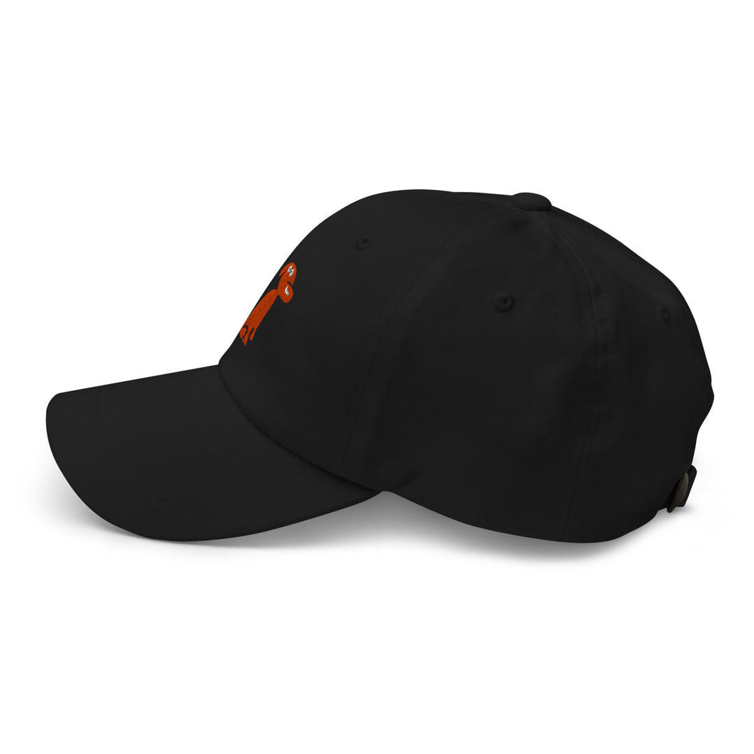 Black cap with a small orange logo on a white background