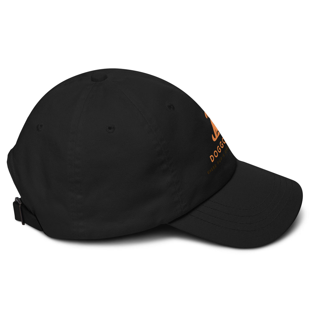 Black cap with a doggo shop logo on a white background