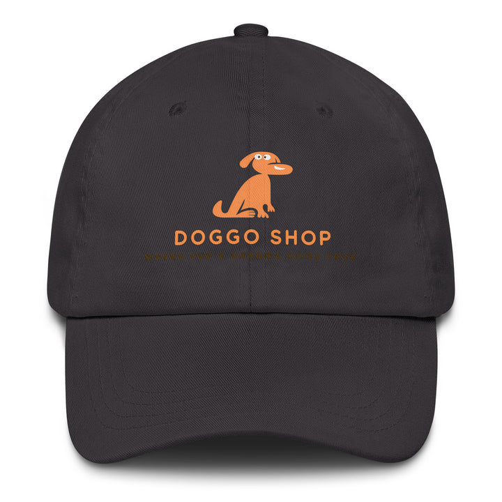 Black cap with doggo shop logo print on a white background