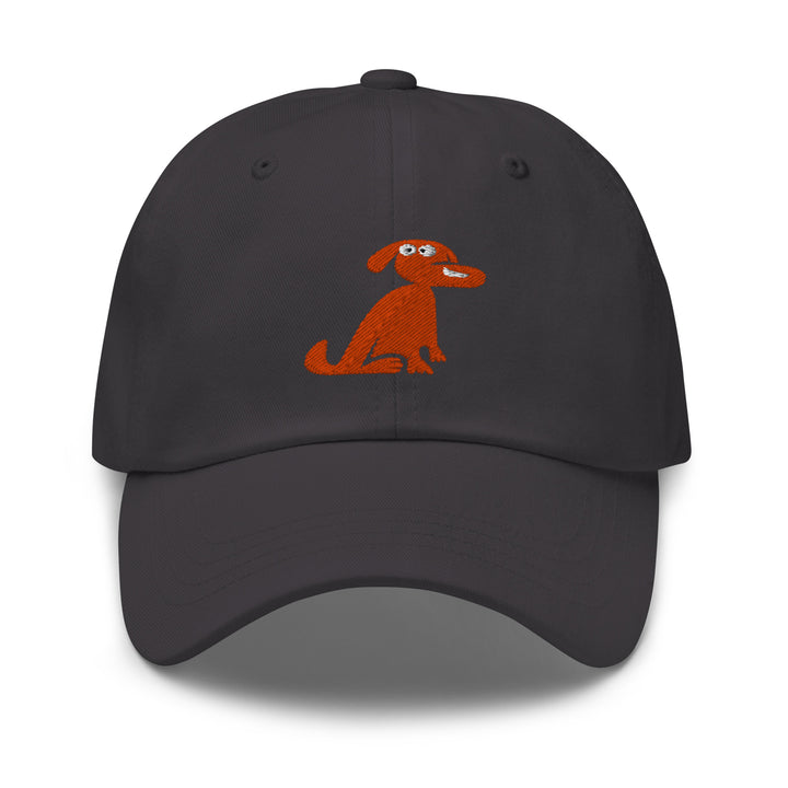 Black cap with a red dog illustration on a white background