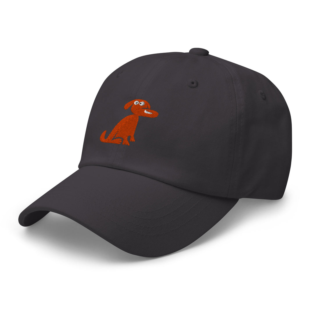 Black cap with a red dog illustration on a white background