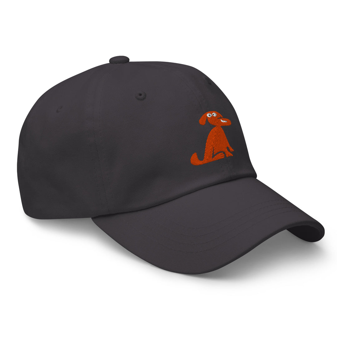 Black cap with an orange dog illustration on a white background