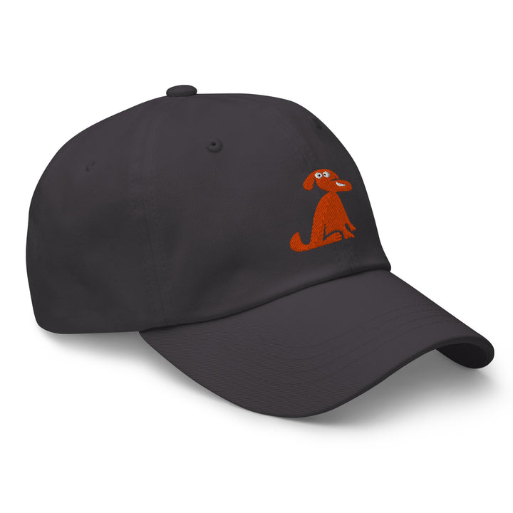 Black cap with an orange dog illustration on a white background
