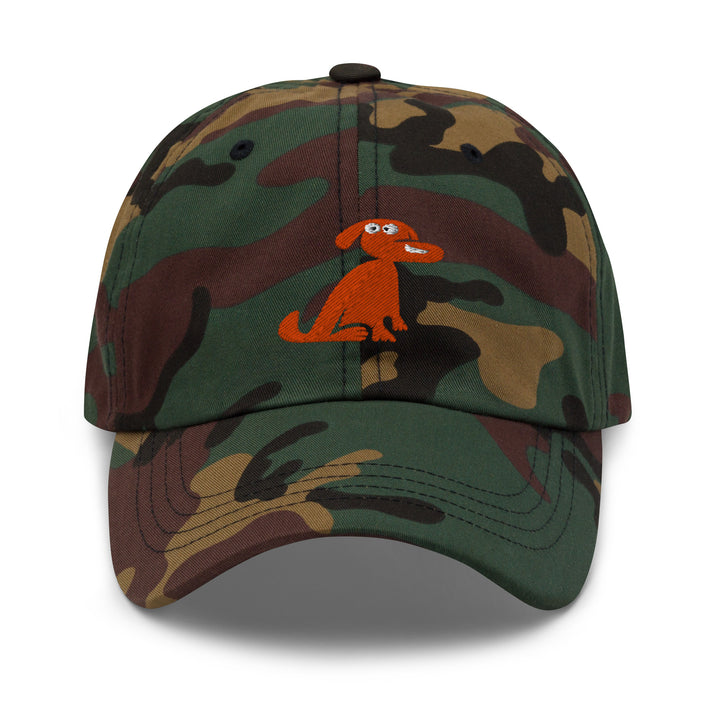 Camouflage baseball cap with a red dog illustration on a white background