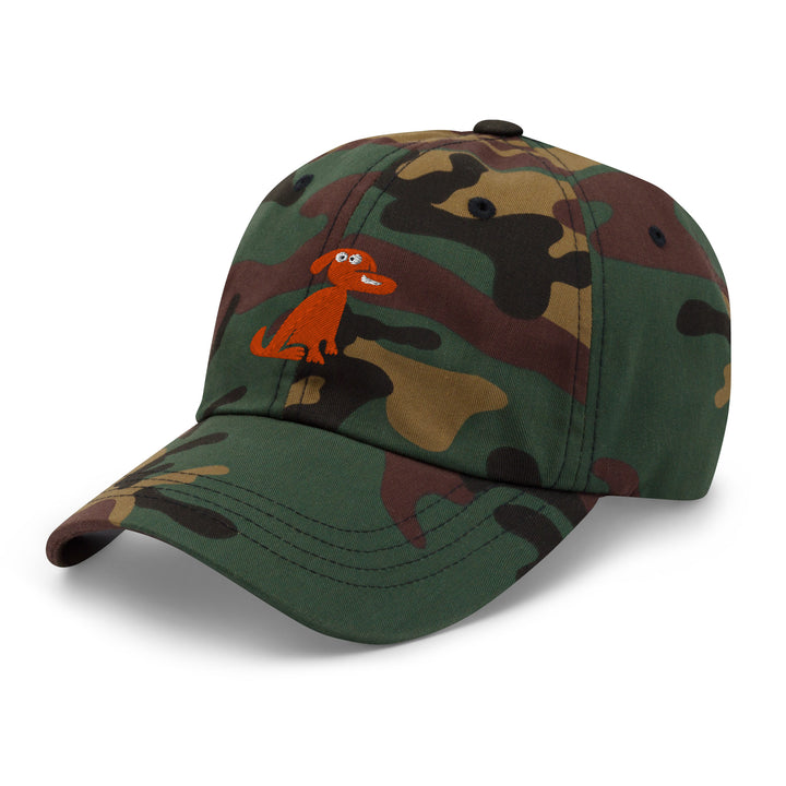 Camouflage baseball cap with a dog illustration on a white background