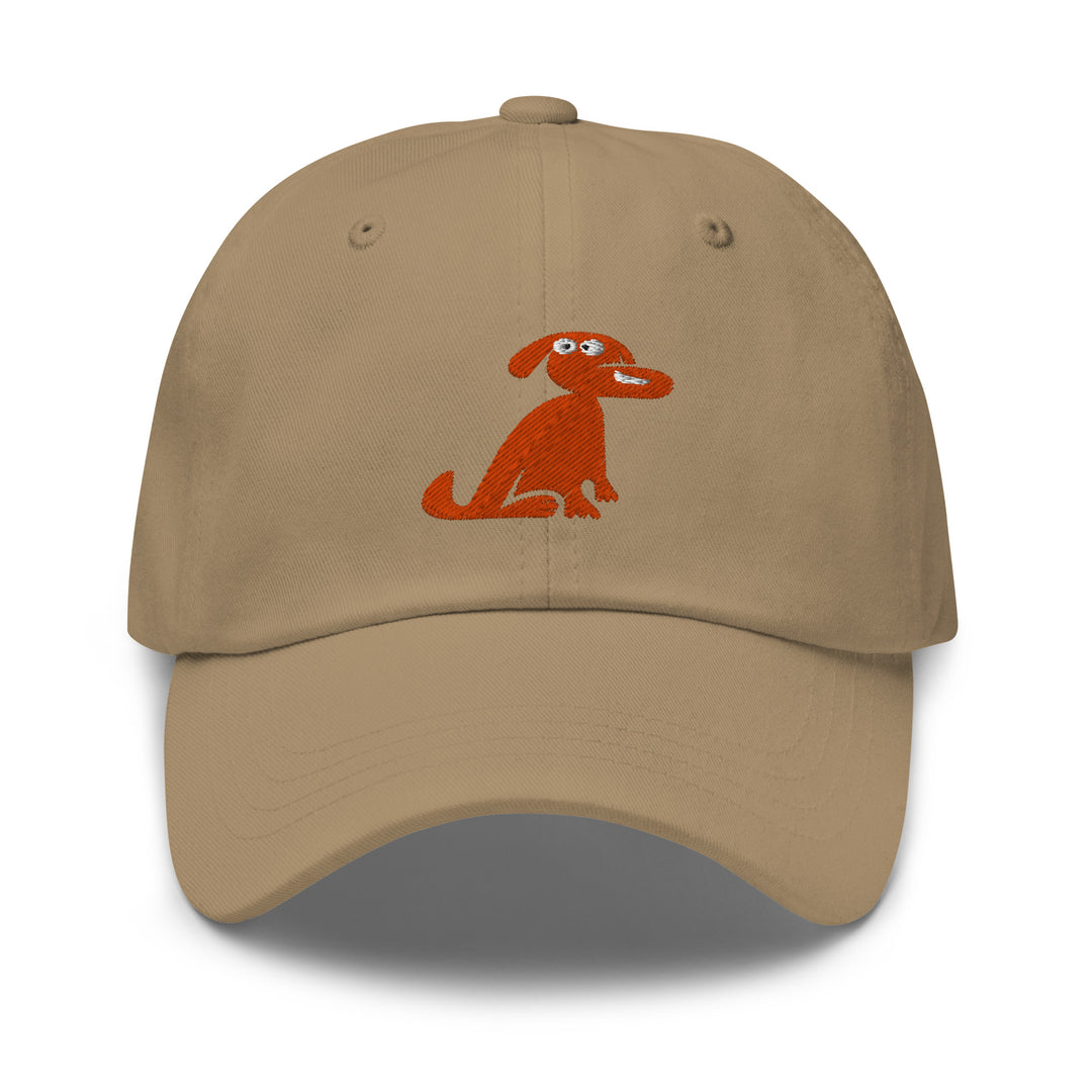 Beige cap with a red dog illustration on a white background