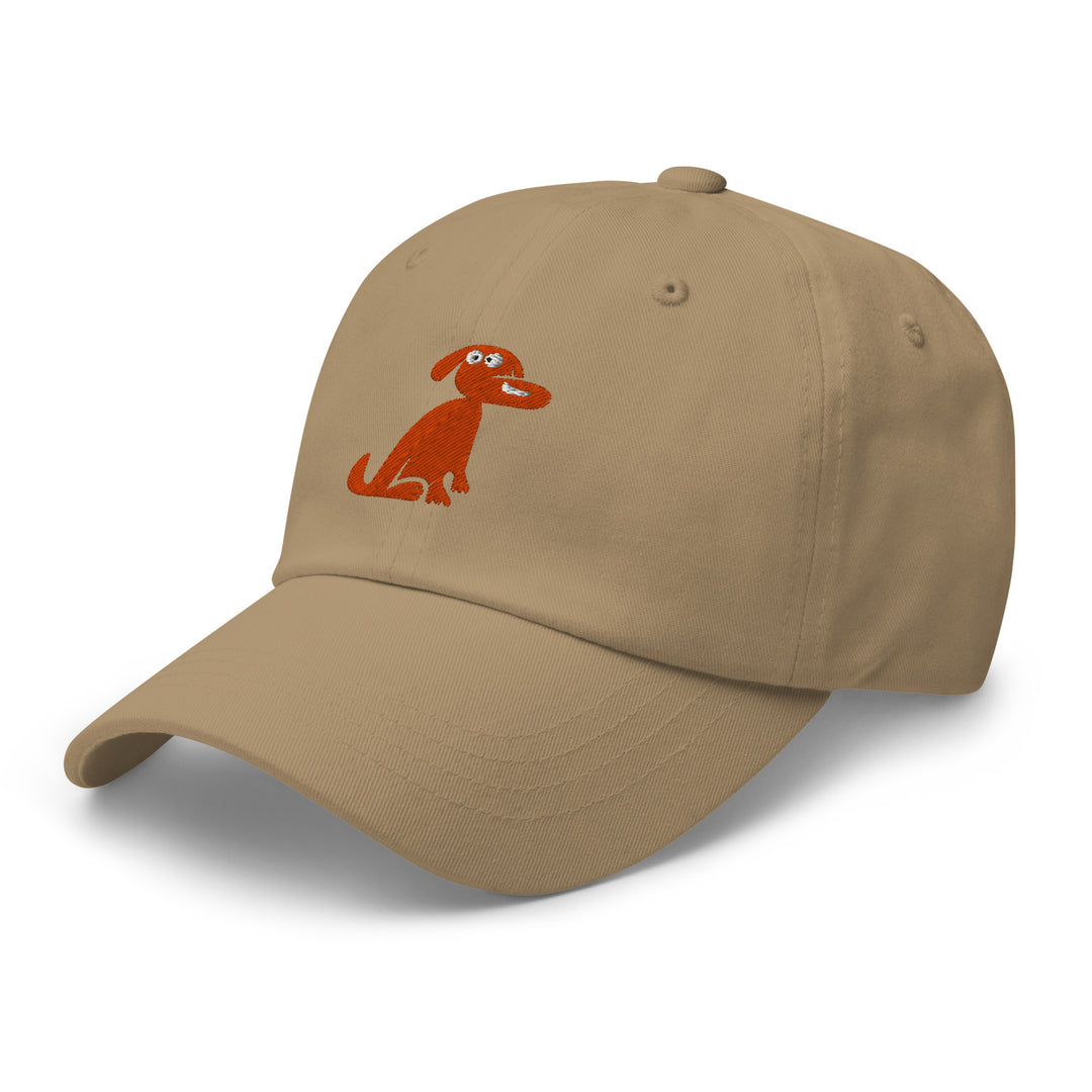 Beige cap with a red dog illustration on a white background