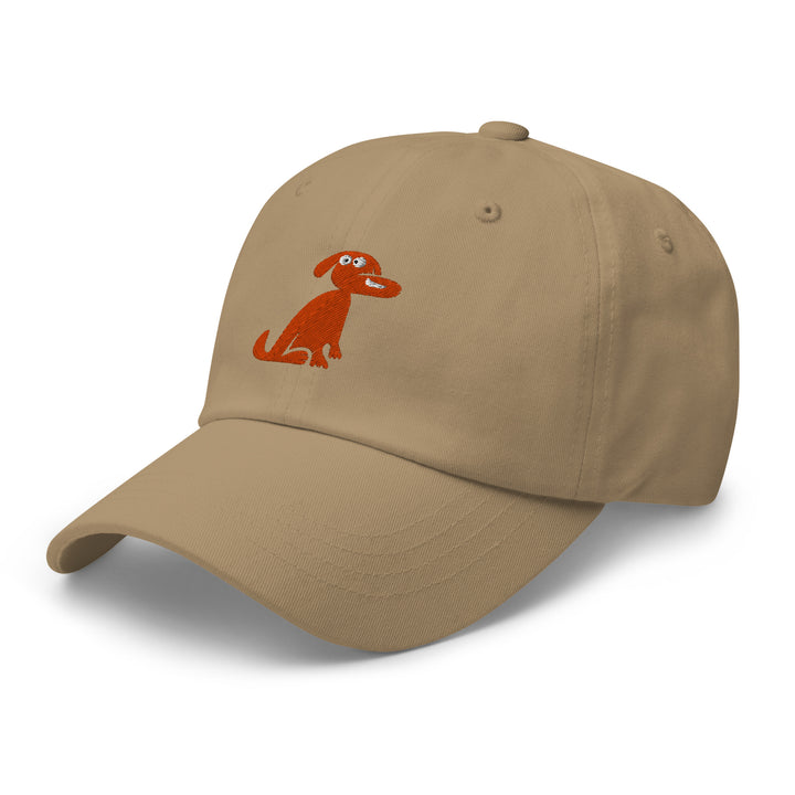 Beige cap with a red dog illustration on a white background