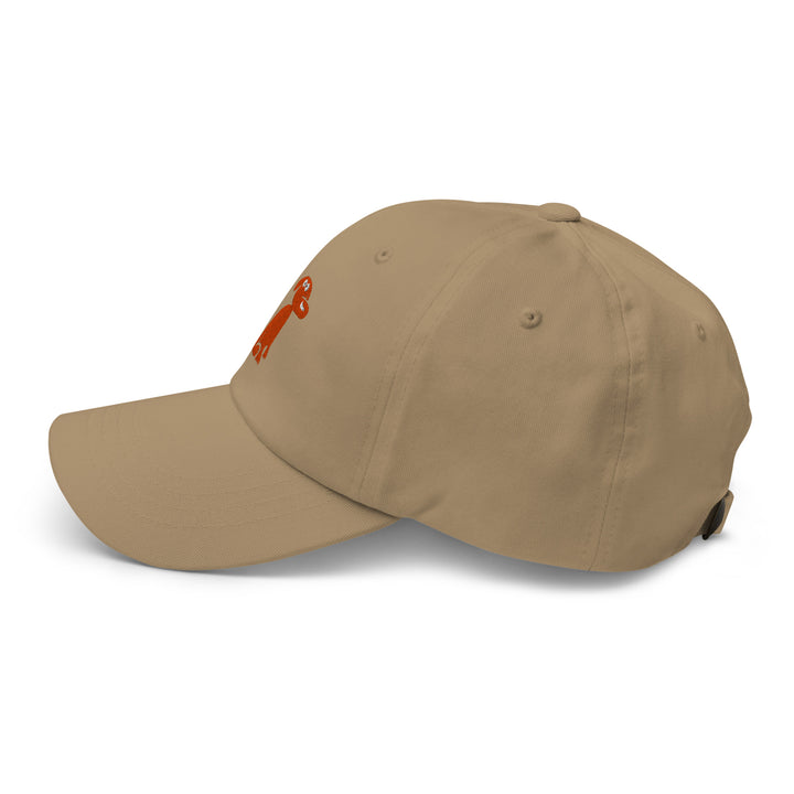 Beige baseball cap with a logo on a white background