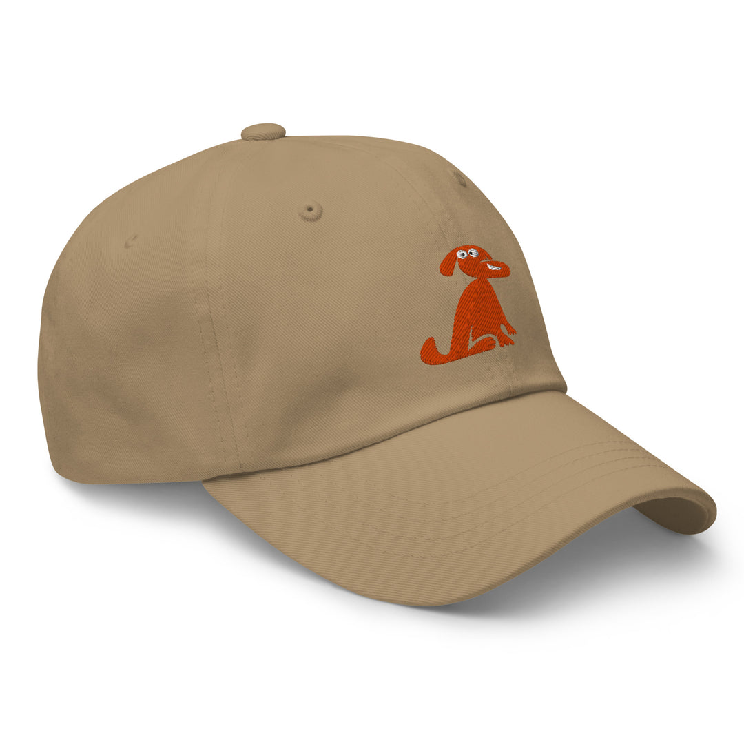 Beige cap with a red dog illustration on a white background